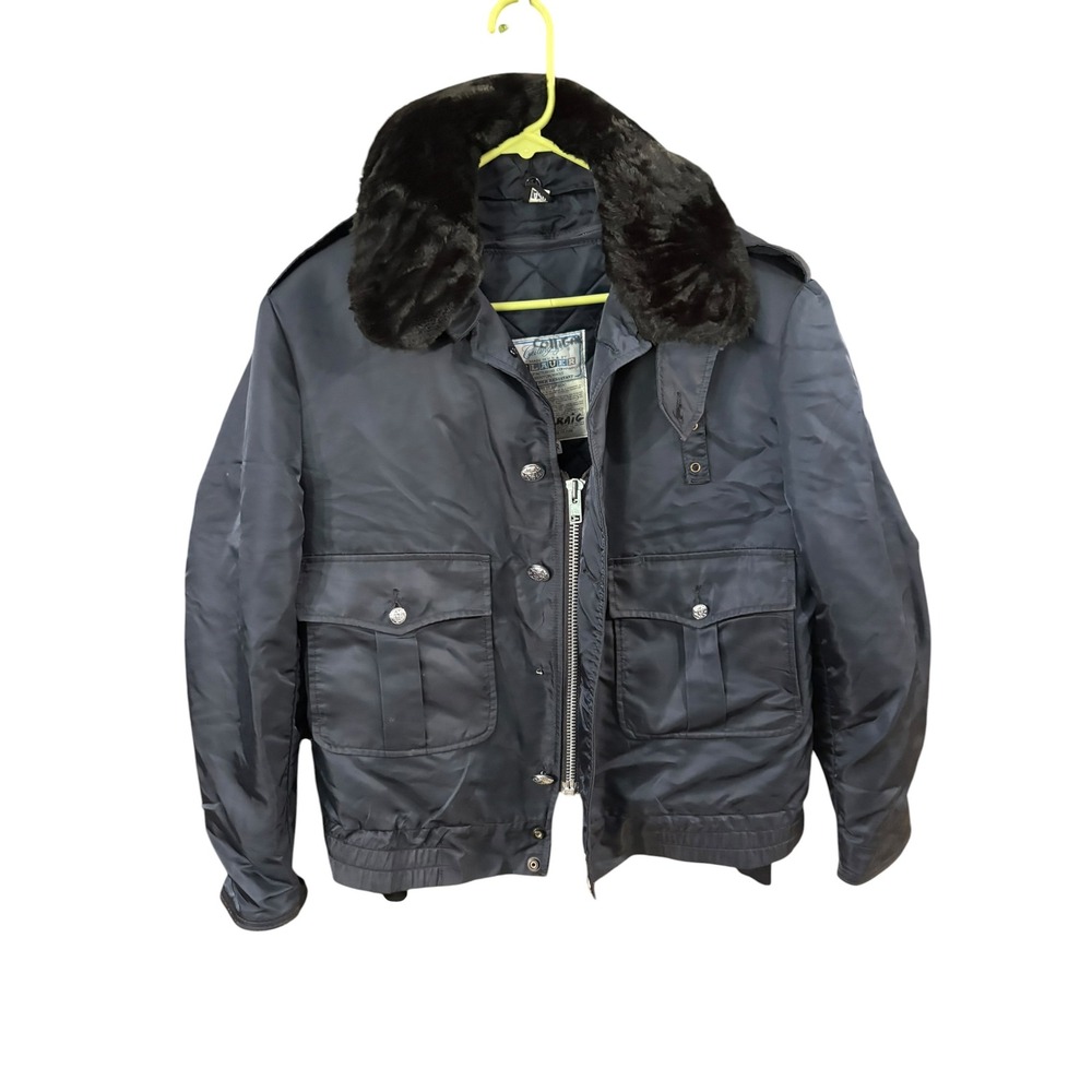 Vintage Blauer Ceiling Zero Bomber Jacket Navy Blue Faux Fur Collar Mens 42R USA